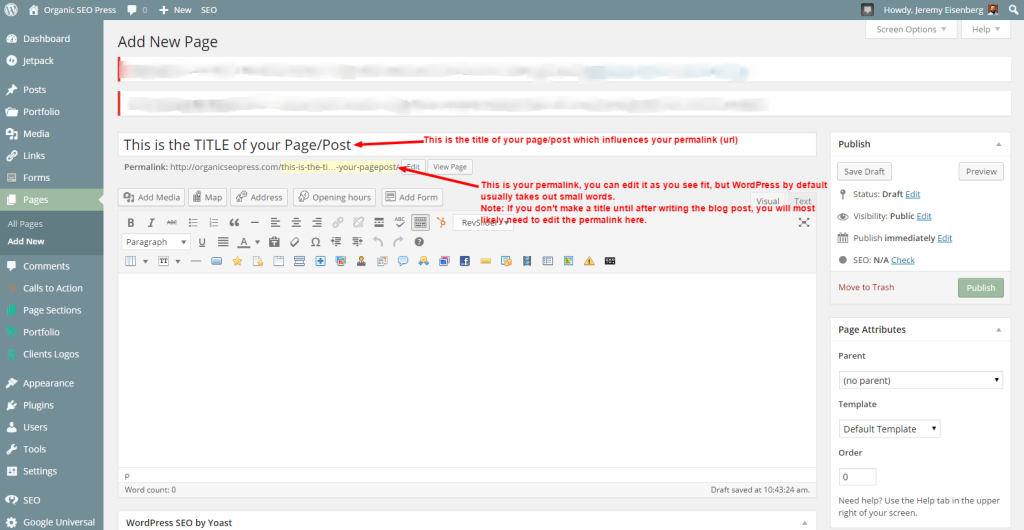 Page title and permalink for a WordPress page