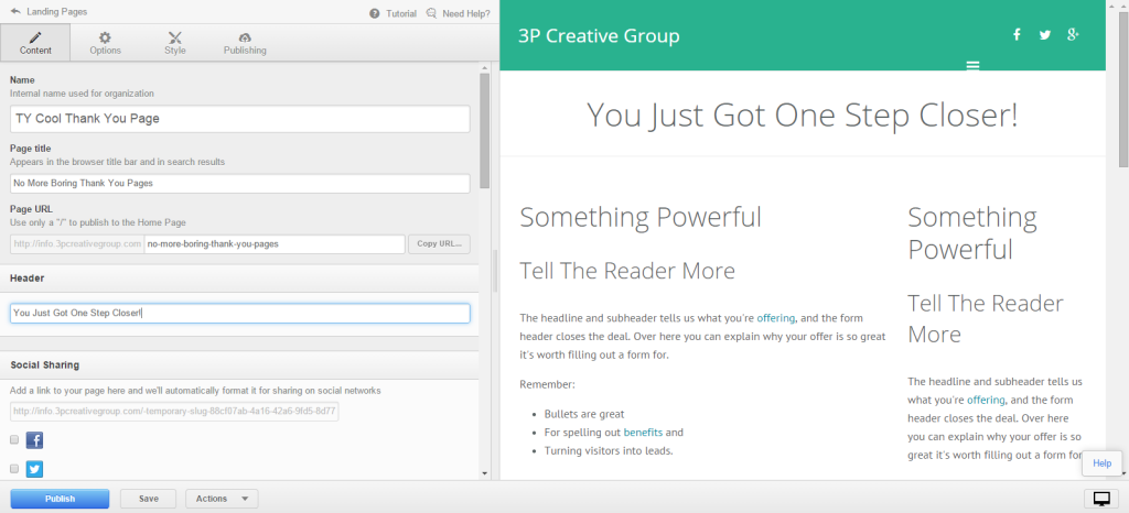 Thank You Page in HubSpot editor