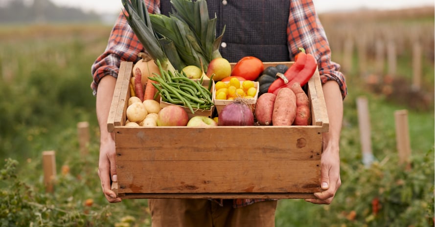 farmer holding a wood box of vegetables