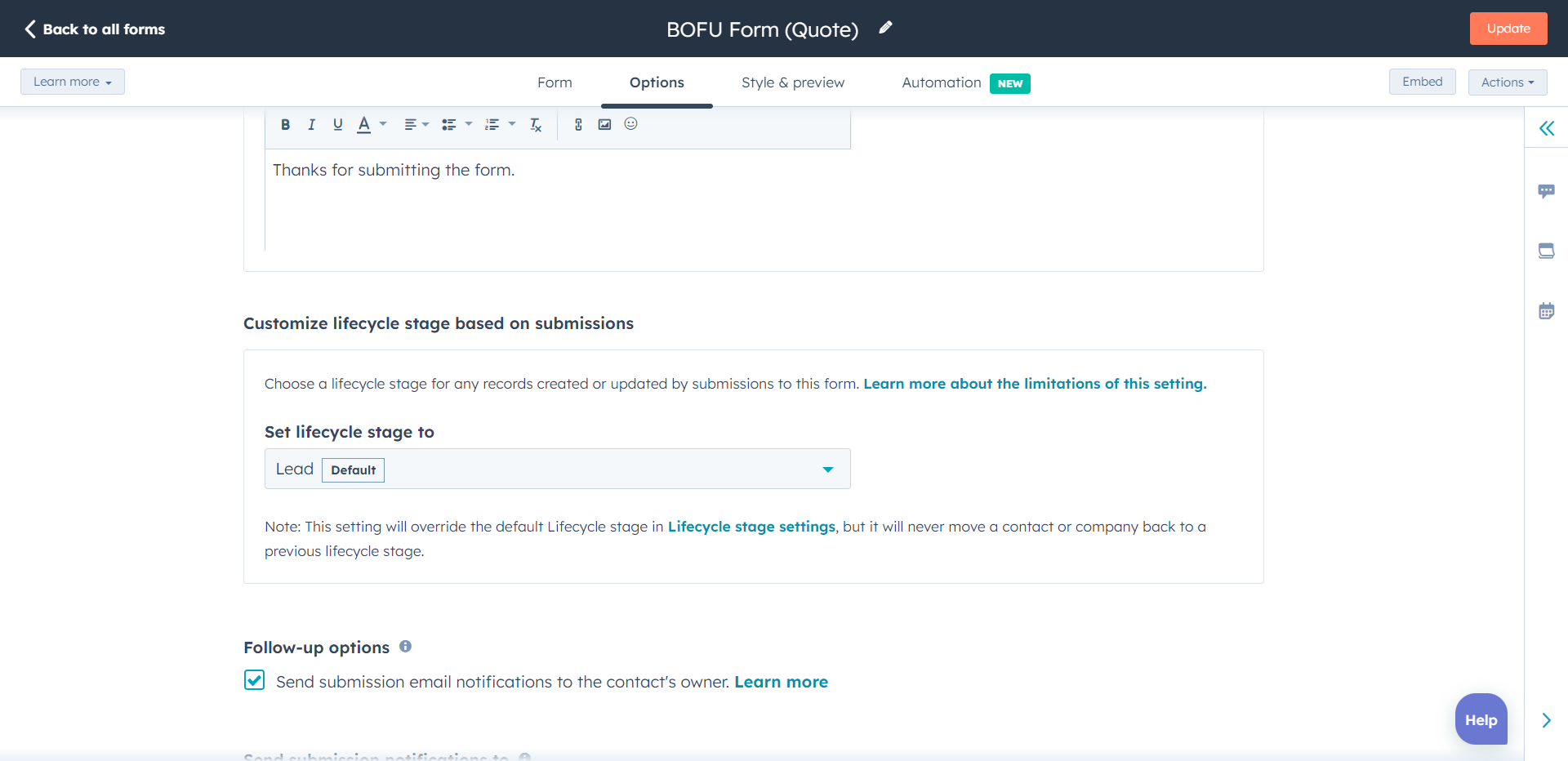 Automatically set a lifecycle stage though form submission